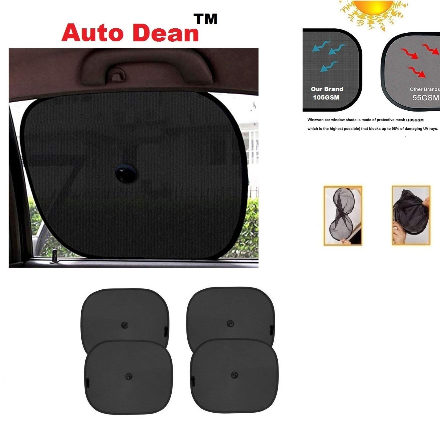 Auto Dean Premium side window sun shades Universal for all cars, GSM:  Pack of 4 (4 X sun shades, 4 X suctions)