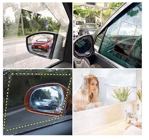 Auto Dean 4pc Car Side Rear view Mirror and side mirror Fog and Rain Protection Films, Anti-Rain Fog Waterproof Clear Film Accessories (2pc Oval for side mirrors + 2pc Square Film for windows)