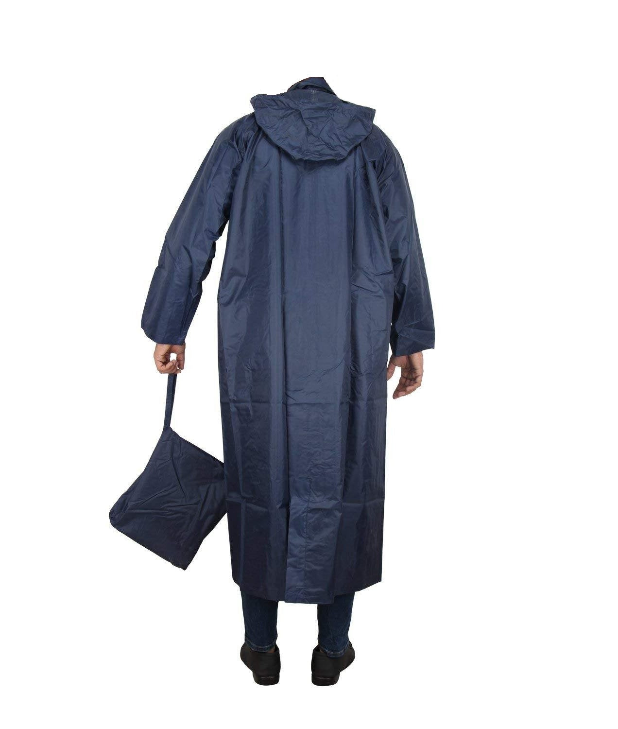 Auto Dean Night Blue Nylon Hooded Waterproof Long Lightweight zip Raincoat/Overcoat Full Length (Unisex). Size:XL