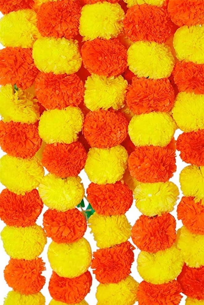 Virat International Artificial Marigold Phool mala for Diwali Decoration, Home Decor, Mandir Decoration, Occasions, Festivals etc, Approx 5ft. Long (Orange yellow Pack of 10 mala)