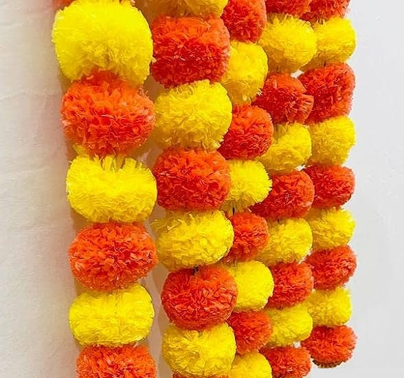 Virat International Artificial Marigold Phool mala for Diwali Decoration, Home Decor, Mandir Decoration, Occasions, Festivals etc, Approx 5ft. Long (Orange yellow Pack of 10 mala)