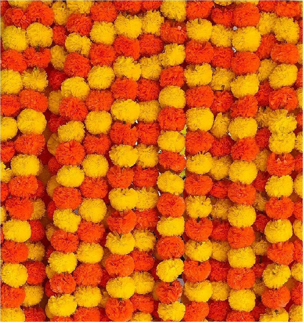 Virat International Artificial Marigold Phool mala for Diwali Decoration, Home Decor, Mandir Decoration, Occasions, Festivals etc, Approx 5ft. Long (Orange yellow Pack of 10 mala)