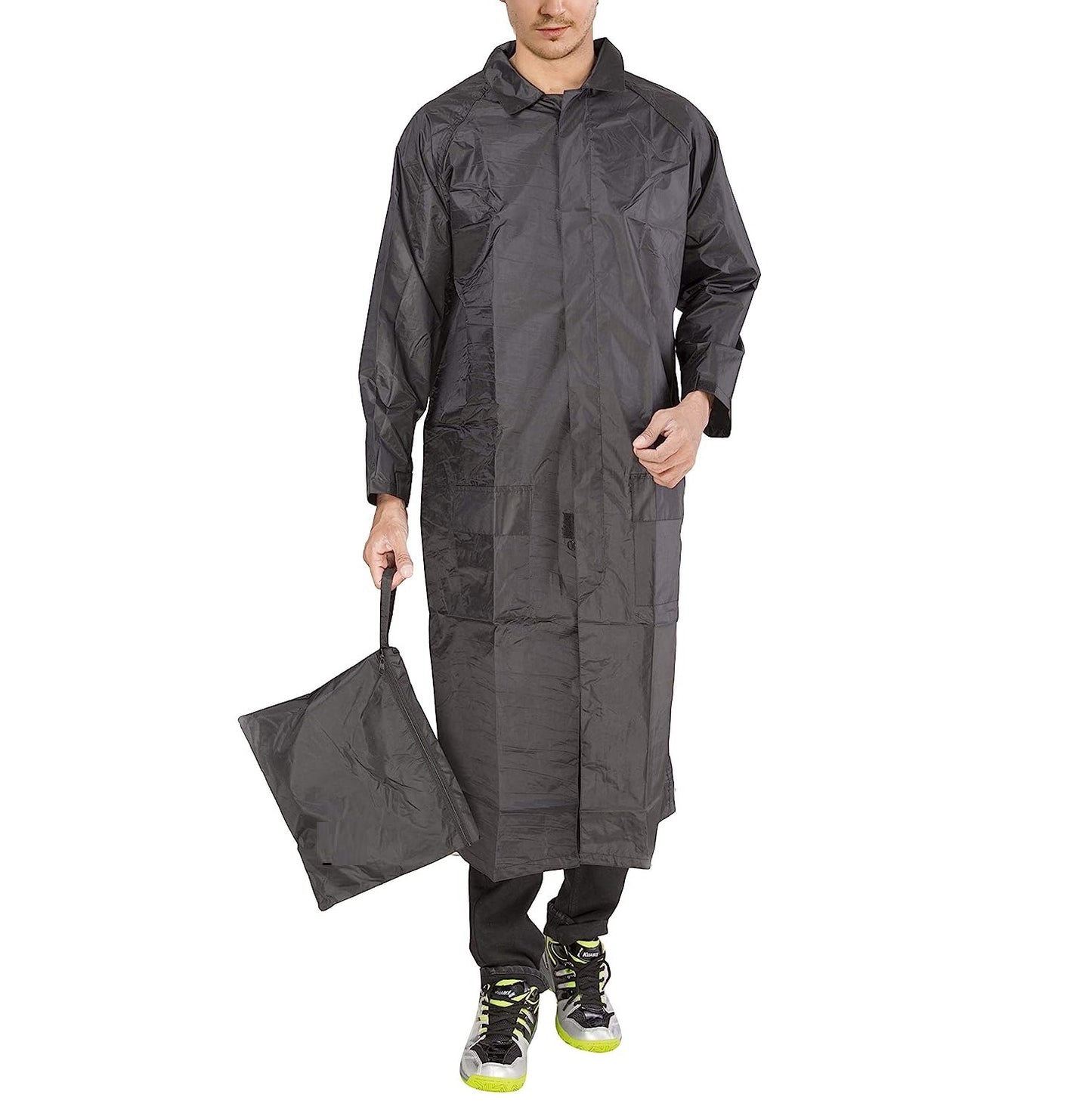 Auto Dean Black Nylon Hooded long lightweight zip Raincoat/overcoat (Unisex). For Height under 6ft weight 70-75kg and waist upto 34