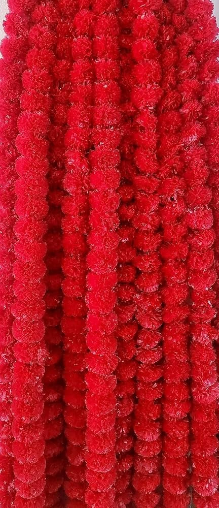 Virat International Artificial Marigold Phool mala for Diwali Decoration, Home Decor, Mandir Decoration, Occasions, Festivals etc, Approx 5ft. Long (Rose Red Pack of 10 mala)