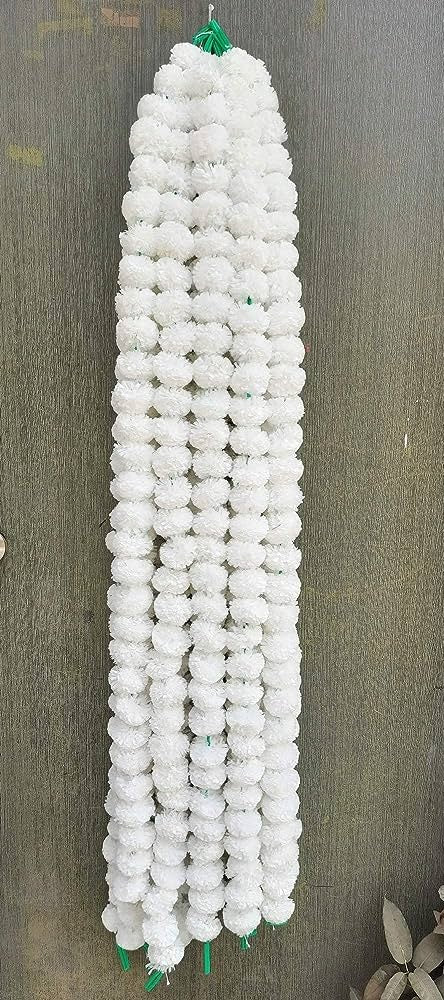 Virat International Artificial Marigold Phool mala for Diwali Decoration, Home Decor, Mandir Decoration, Occasions, Festivals etc, Approx 5ft. Long (White Pack of 10 mala)